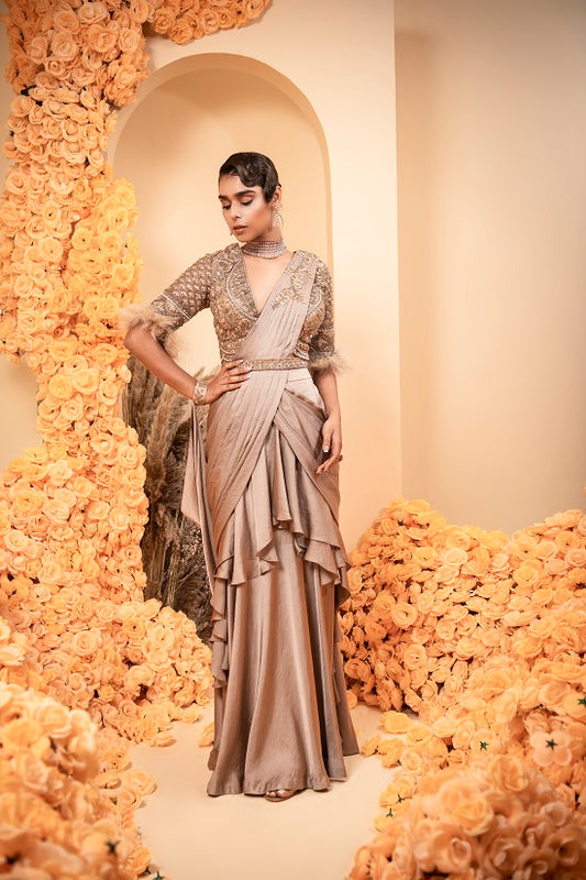 Mouse grey Pre stitched drape sari