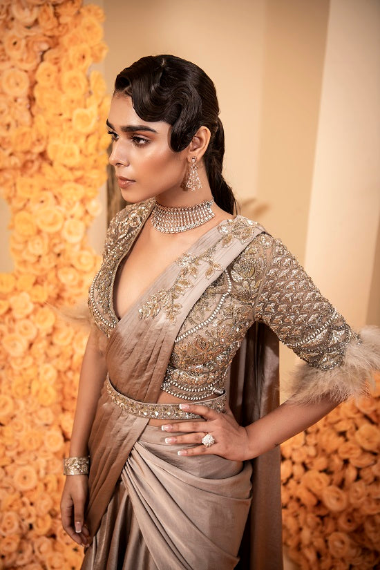 Mouse grey Pre stitched drape sari