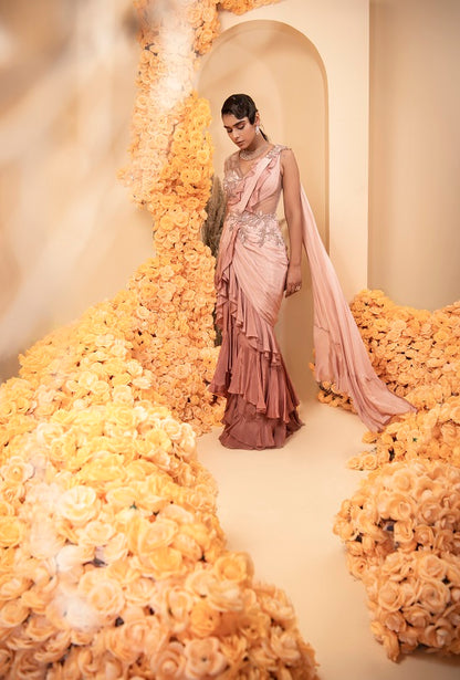 Rose gold shaded Pre stitched drape gown sari