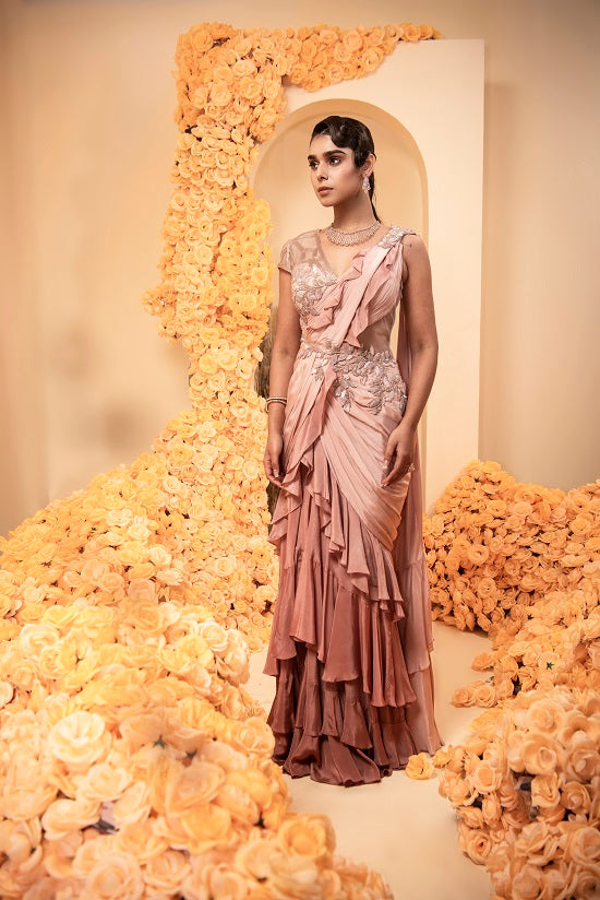 Rose gold shaded Pre stitched drape gown sari