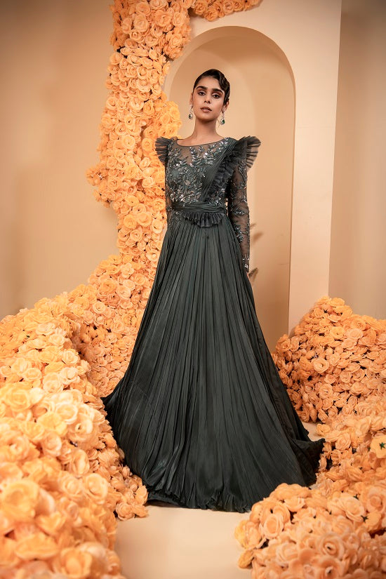 Shaded spruce colour hand pleated gown