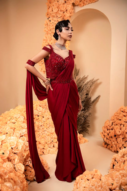 Blood Red Pre stitched drape sari