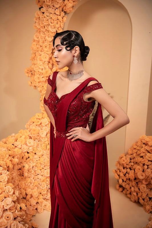 Blood Red Pre stitched drape sari