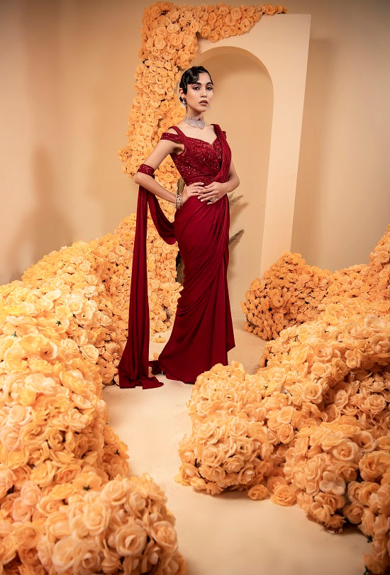 Blood Red Pre stitched drape sari