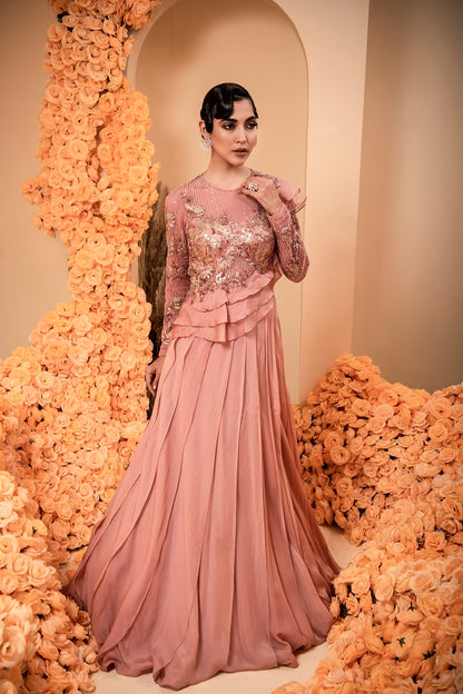 Organza georgette rose gold color gown with embroidered body