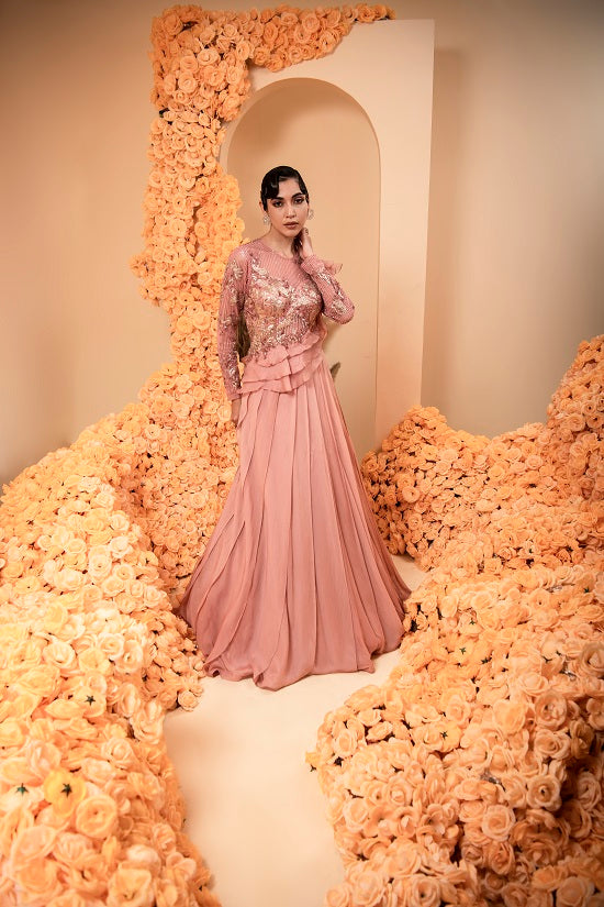 Organza georgette rose gold color gown with embroidered body