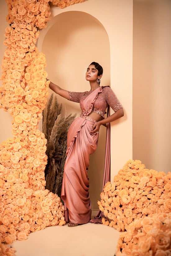 Rose gold Pre stitched drape sari