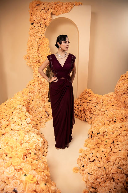 Wine georgette drape gown with rooshing and embroidery