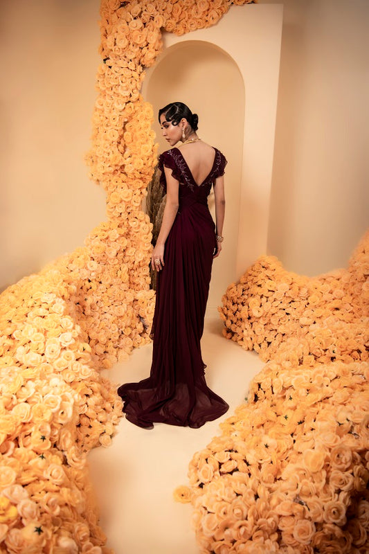 Wine georgette drape gown with rooshing and embroidery