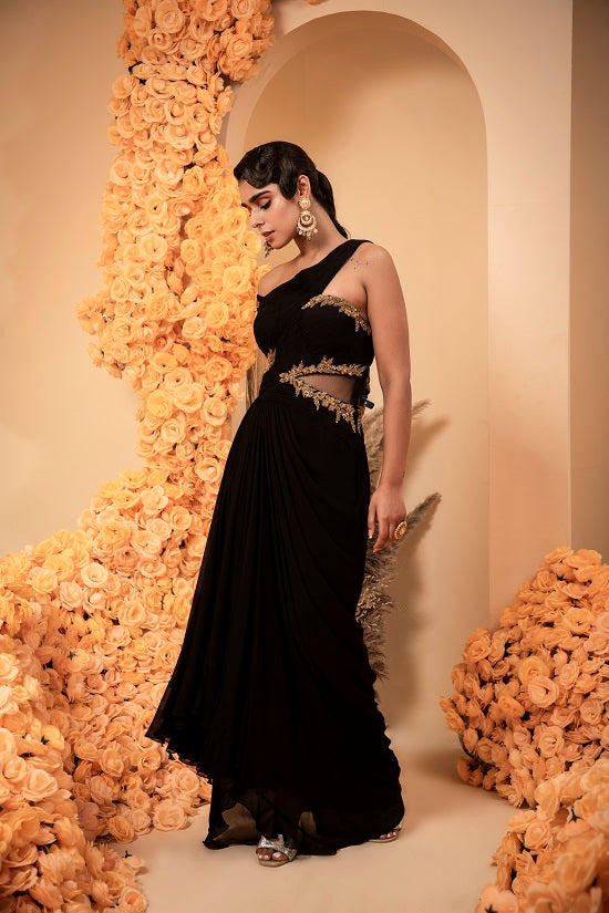 Black georgette drape gown with rooshing and antique zari embroidery