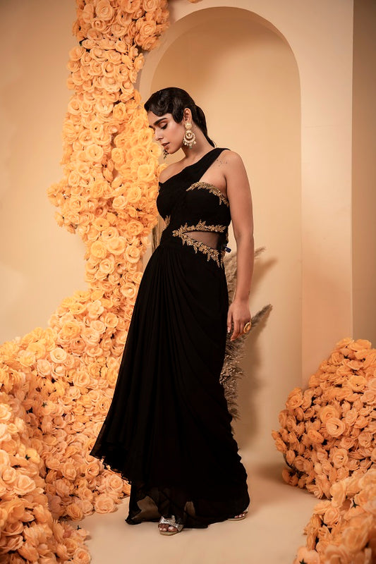Black georgette drape gown with rooshing and antique zari embroidery