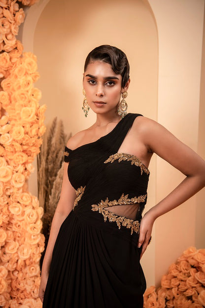 Black georgette drape gown with rooshing and antique zari embroidery