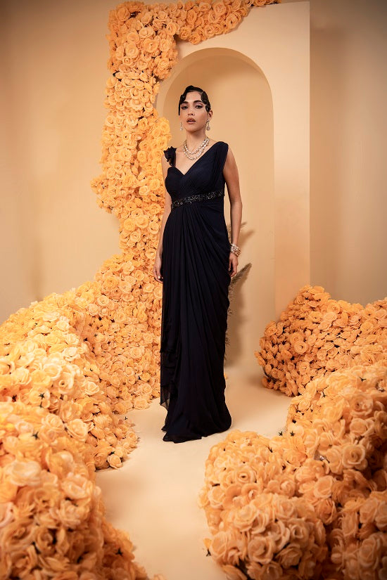 Midnight blue georgette drape gown