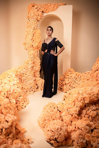 Midnight Blue Pre stitched drape sari