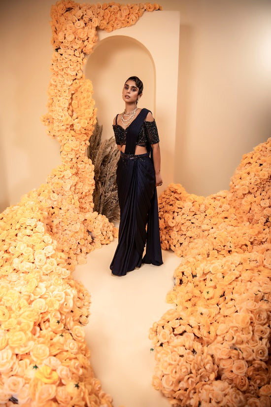Midnight Blue Pre stitched drape sari