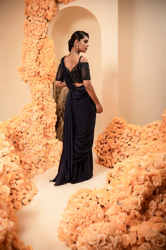 Midnight Blue Pre stitched drape sari