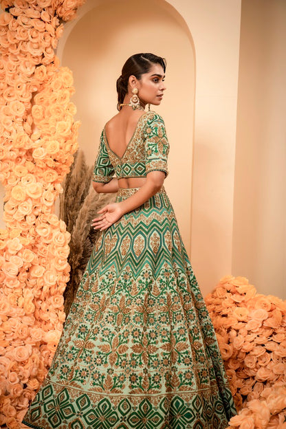 Aqua green crepe lehnga set with organza dupatta