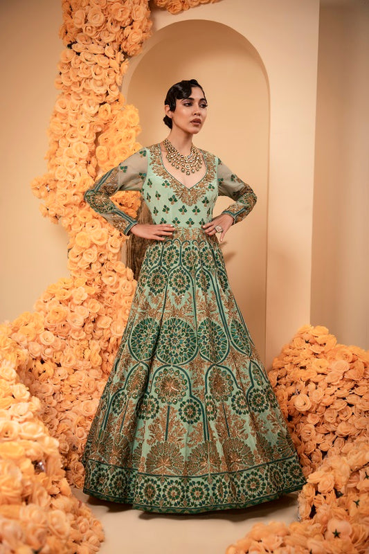 Aqua green crepe Anarkali set with organza dupatta