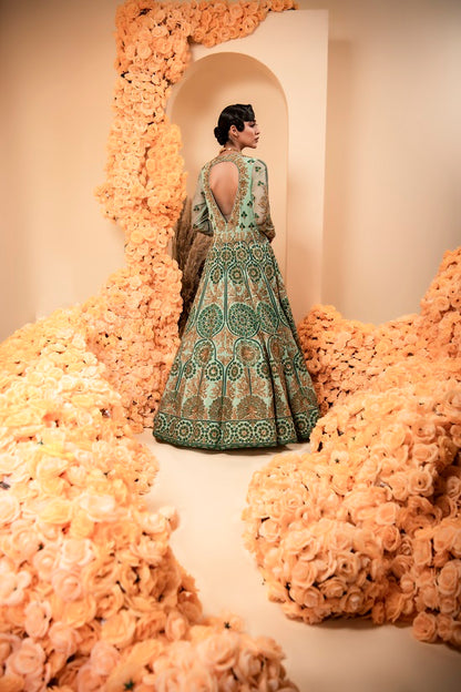 Aqua green crepe Anarkali set with organza dupatta