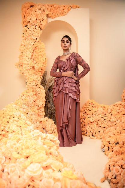 Lavender wine Pre stitched drape sari