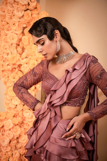 Lavender wine Pre stitched drape sari