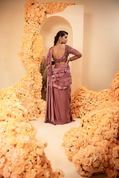 Lavender wine Pre stitched drape sari
