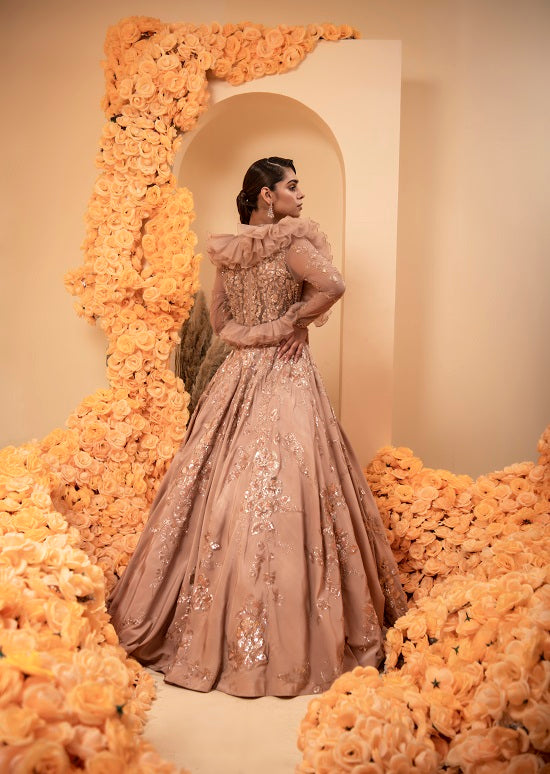 Crepe cameo rose colour gown with embroidered body