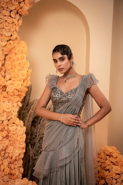 Bluish grey Pre stitched drape sari