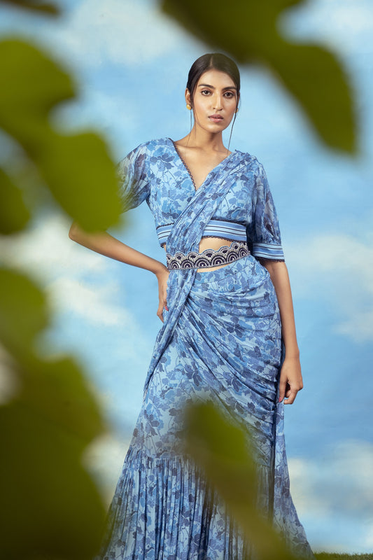 Blue printed palazzo sari with blouse and belt