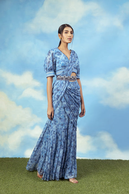 Blue printed palazzo sari with blouse and belt