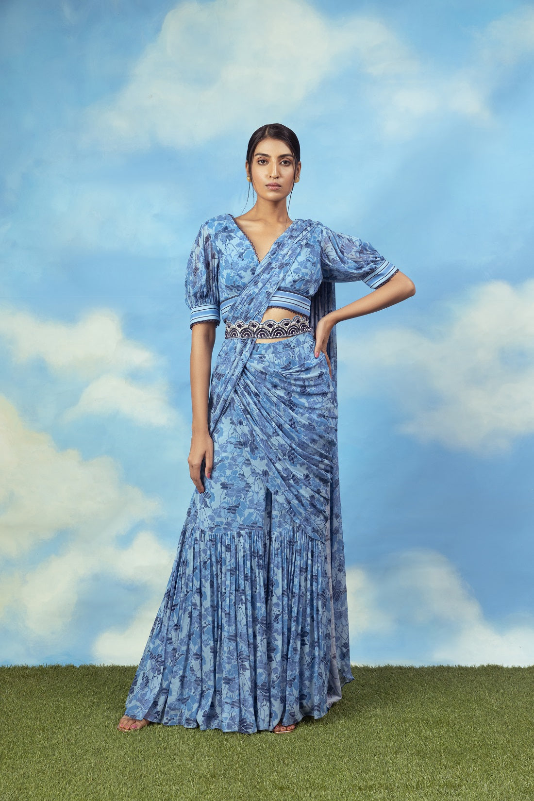 Blue printed palazzo sari with blouse and belt
