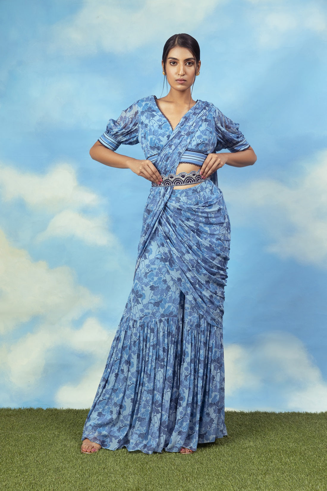 Blue printed palazzo sari with blouse and belt