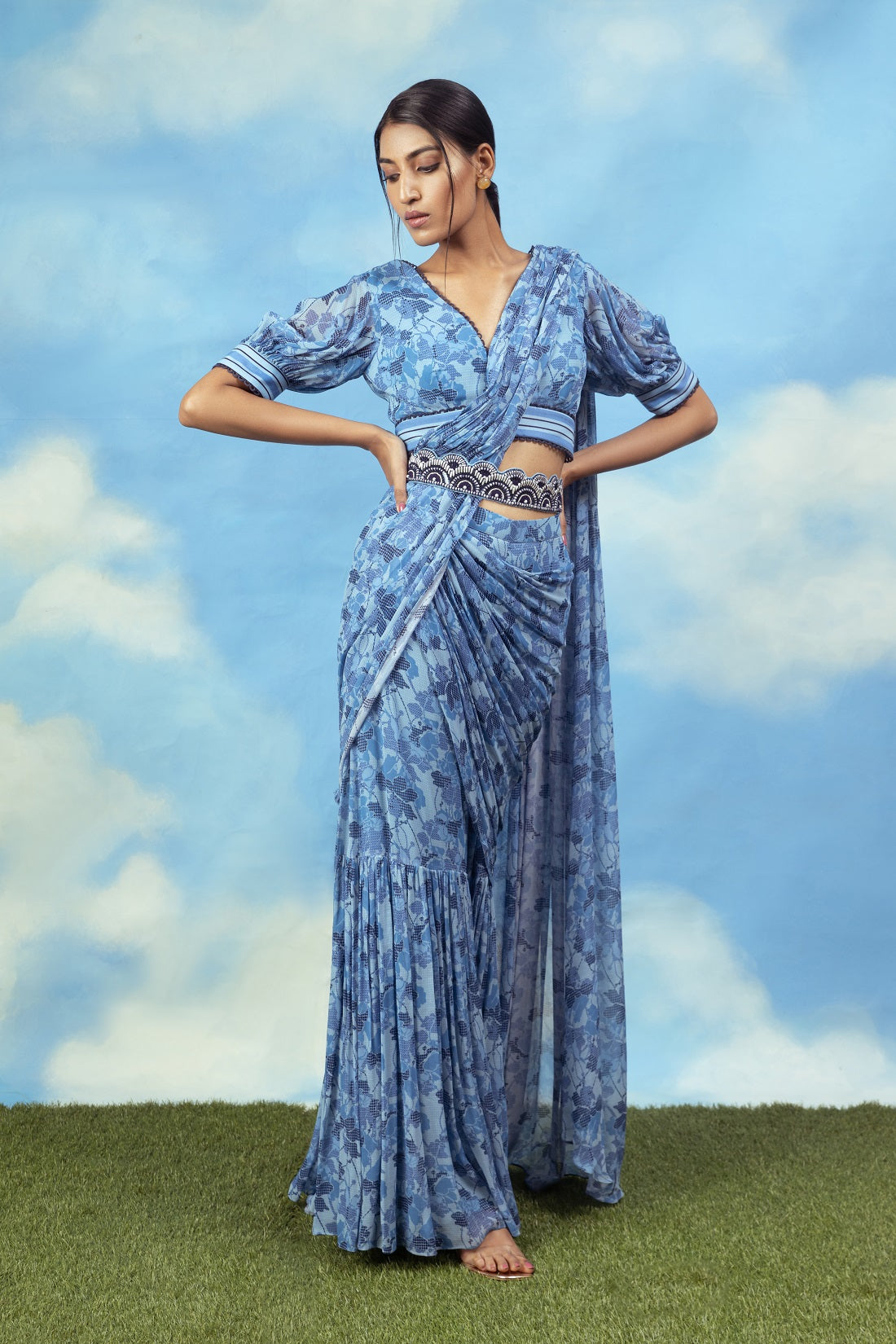 Blue printed palazzo sari with blouse and belt