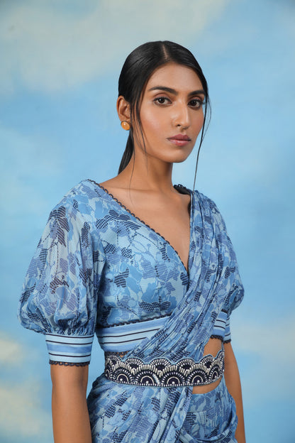Blue printed palazzo sari with blouse and belt