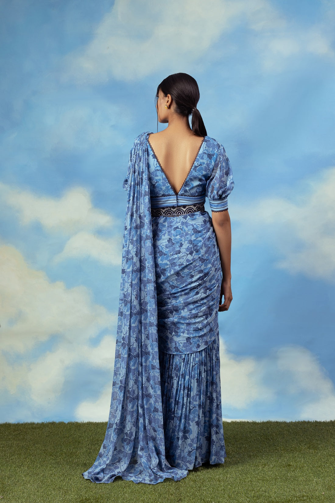 Blue printed palazzo sari with blouse and belt