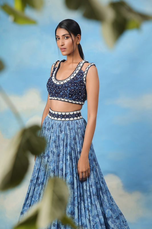 Blue printed crop top skirt with embroidered blouse