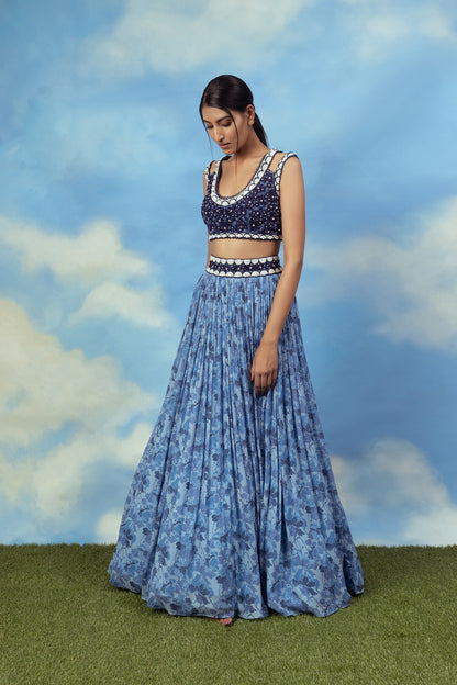 Blue printed crop top skirt with embroidered blouse