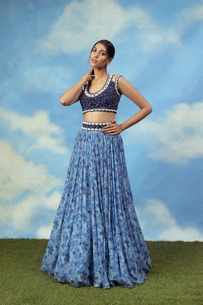 Blue printed crop top skirt with embroidered blouse