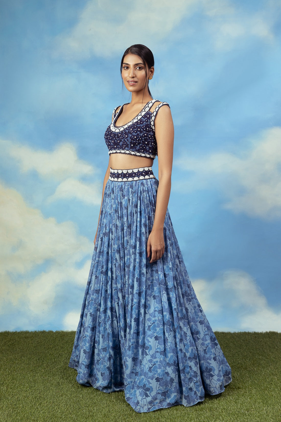 Blue printed crop top skirt with embroidered blouse