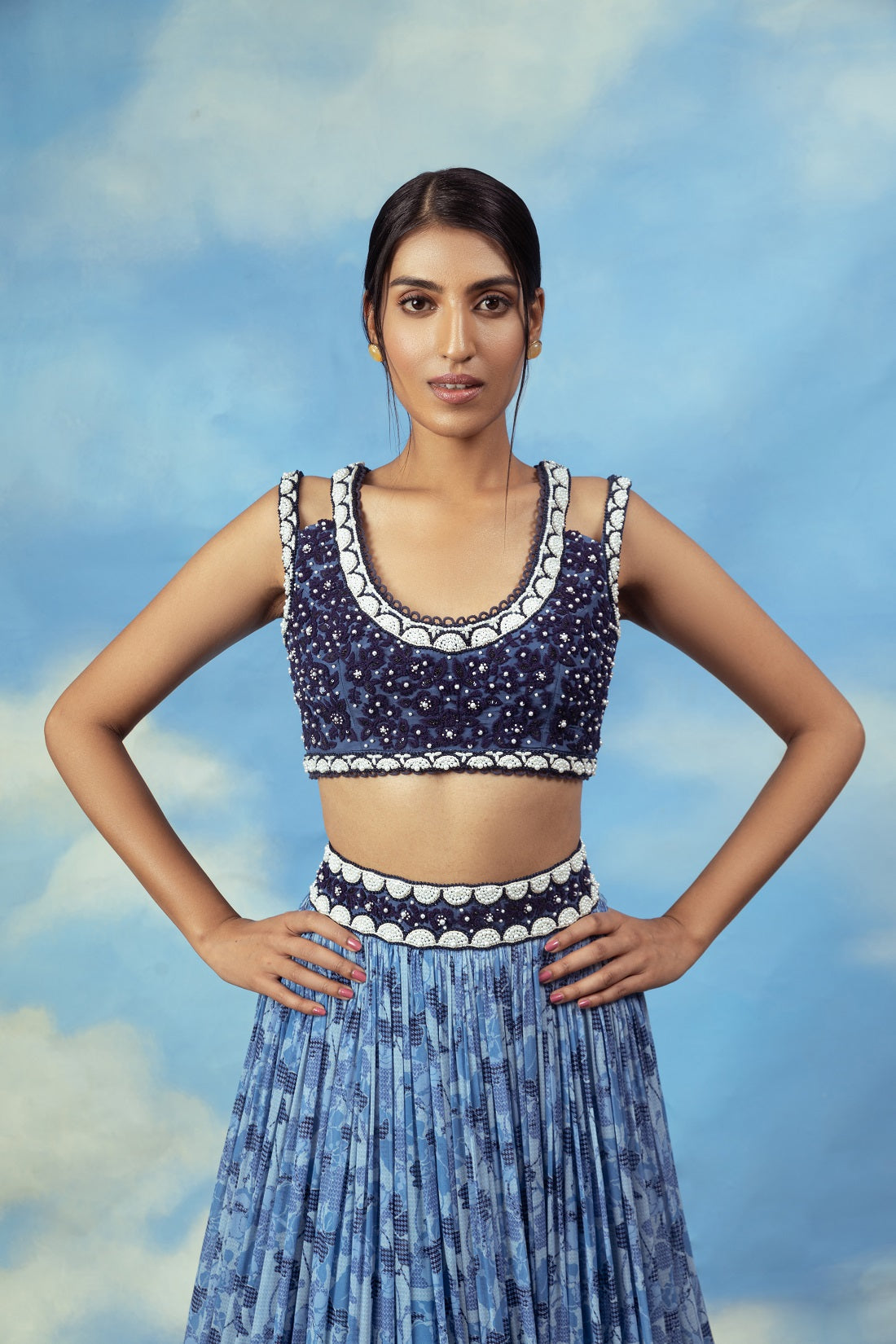 Blue printed crop top skirt with embroidered blouse