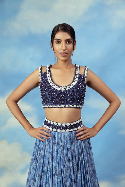 Blue printed crop top skirt with embroidered blouse