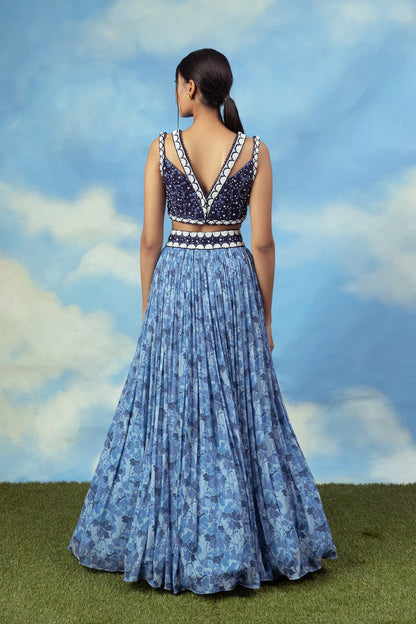 Blue printed crop top skirt with embroidered blouse