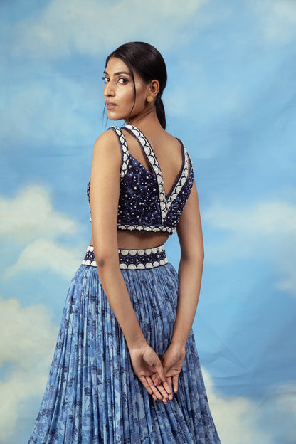 Blue printed crop top skirt with embroidered blouse