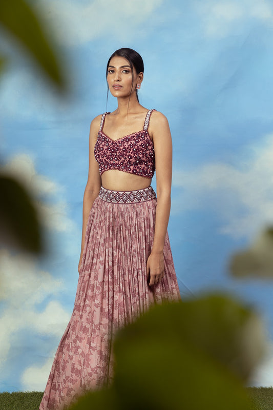 Rose gold Crop top skirt with embroidered blouse