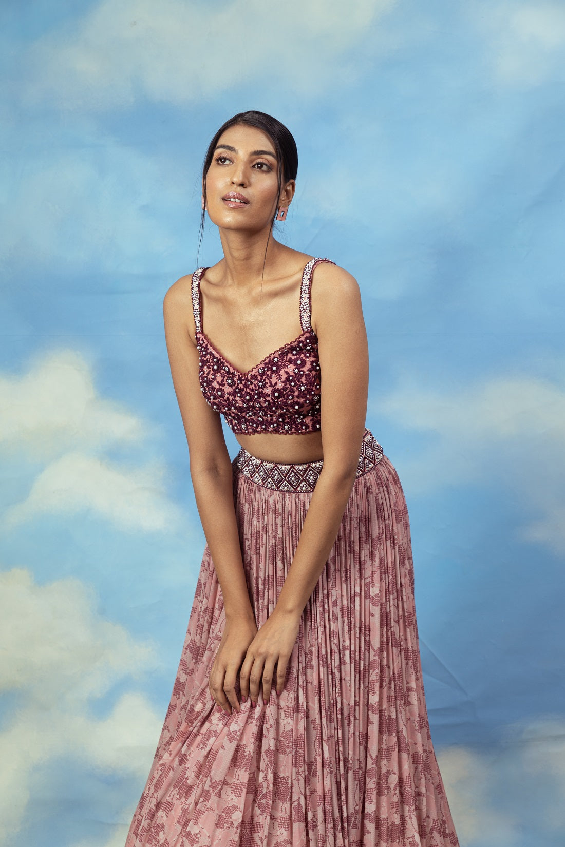 Rose gold Crop top skirt with embroidered blouse