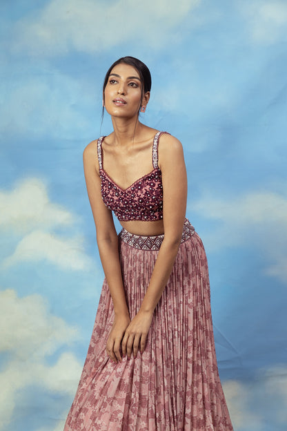 Rose gold Crop top skirt with embroidered blouse