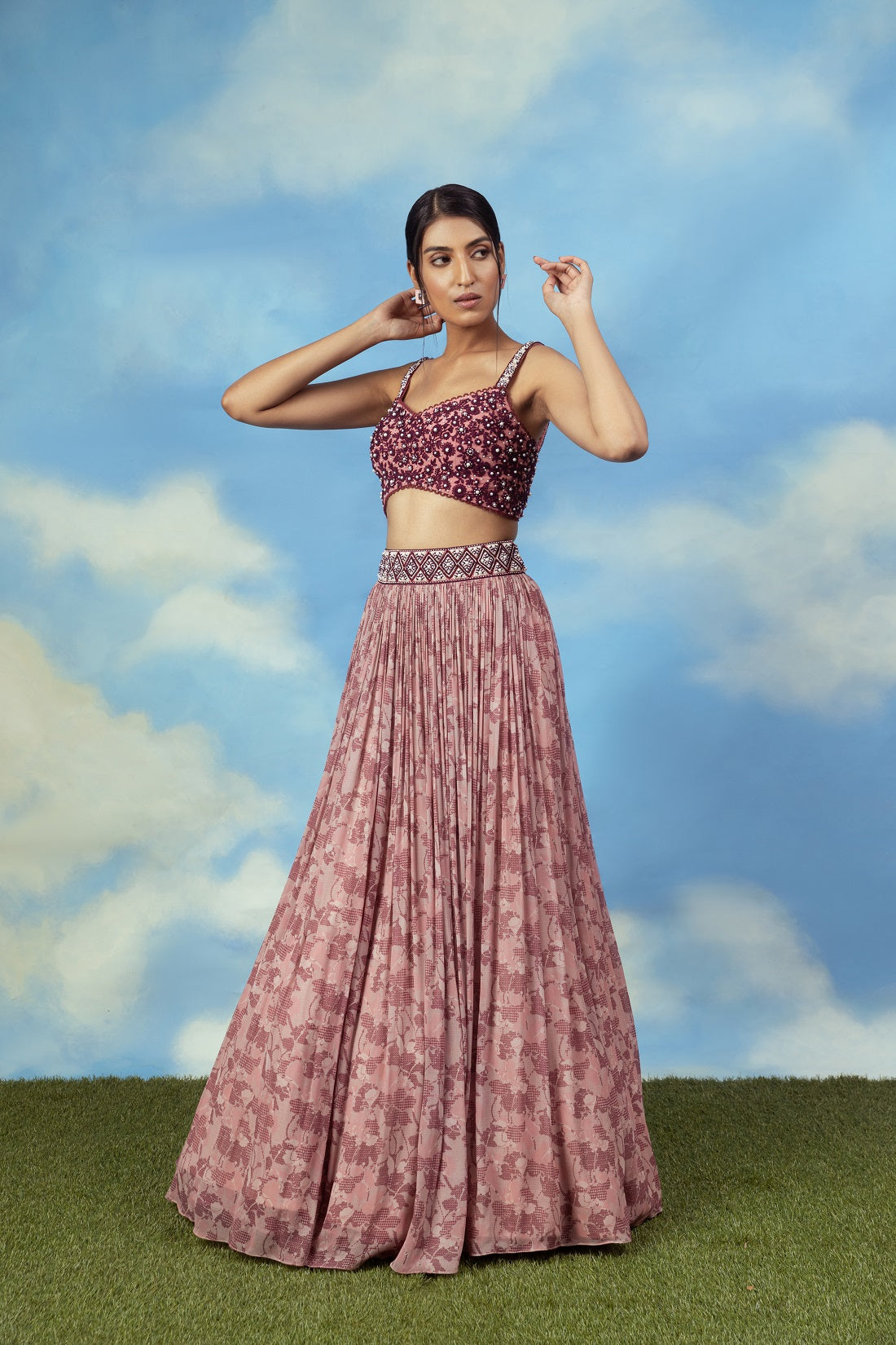 Rose gold Crop top skirt with embroidered blouse