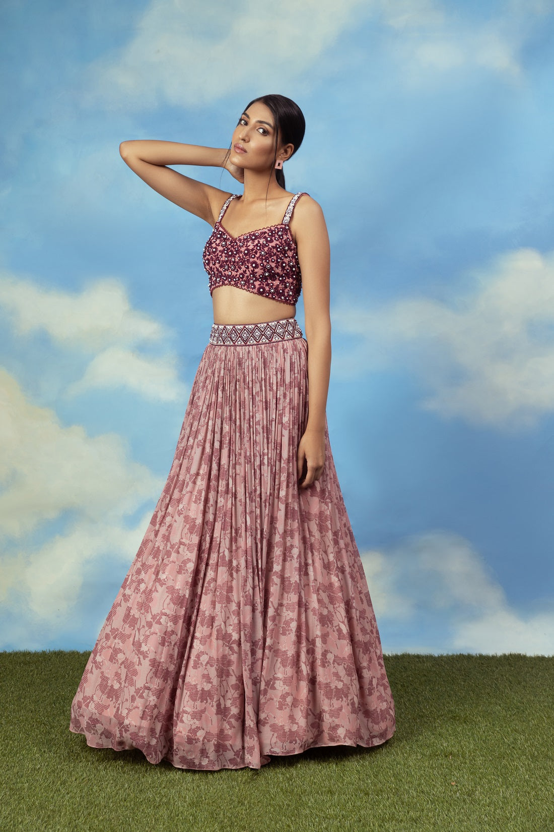 Rose gold Crop top skirt with embroidered blouse