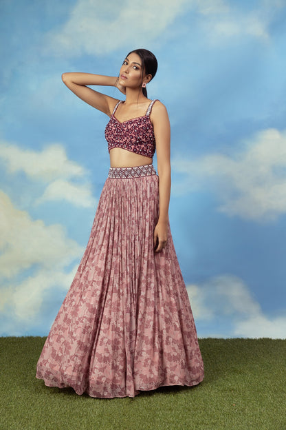 Rose gold Crop top skirt with embroidered blouse