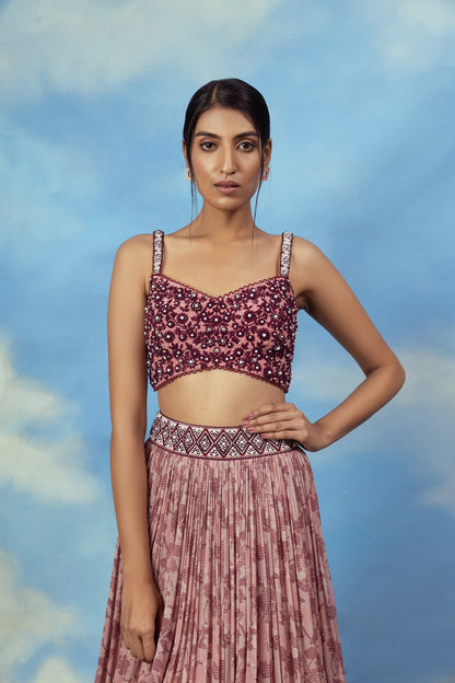 Rose gold Crop top skirt with embroidered blouse